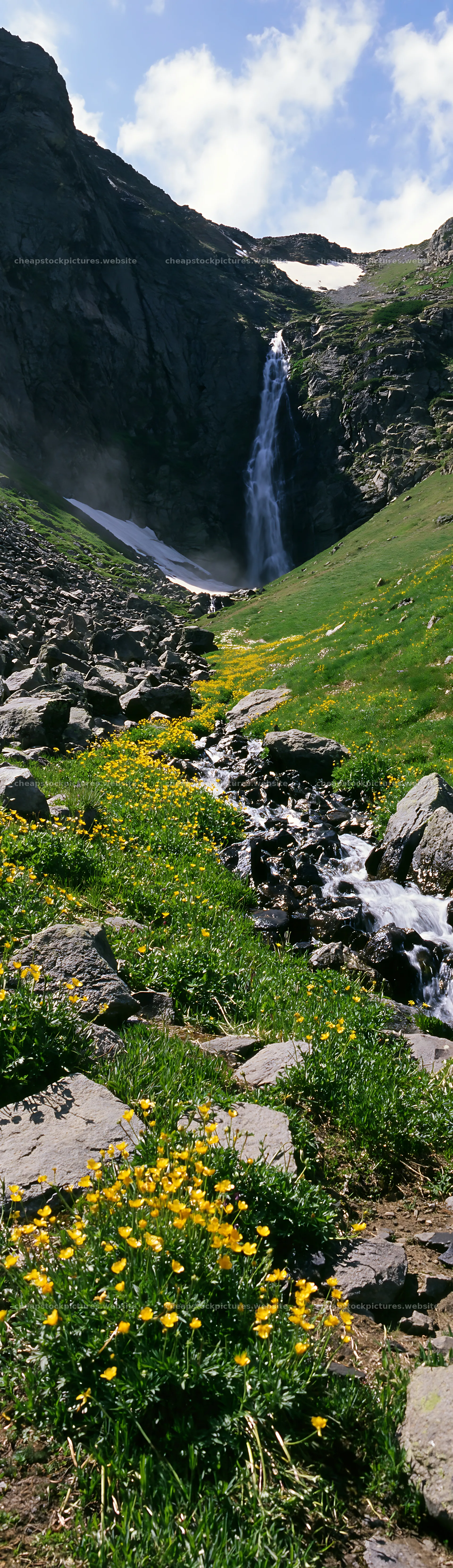 Alpine meadow with waterfall and blooming flowers – stock pictures 4268x14762