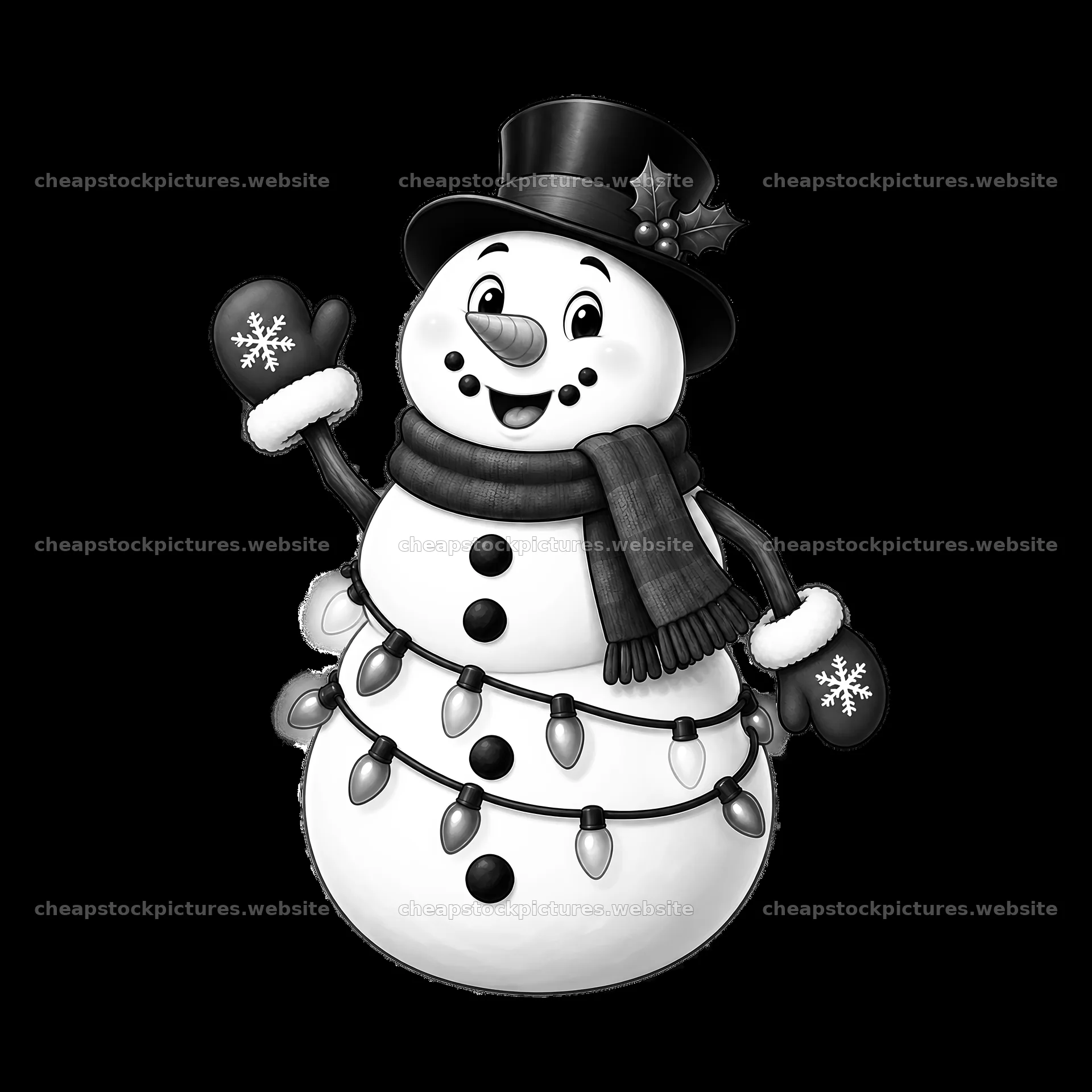 Snowman wearing mittens and string lights during winter season – stock pictures 7746x7746