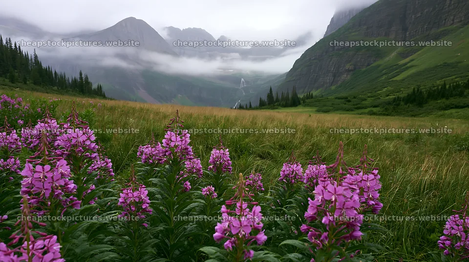 Misty mountain waterfall in a meadow with blooming flowers – stock pictures 10608x5938