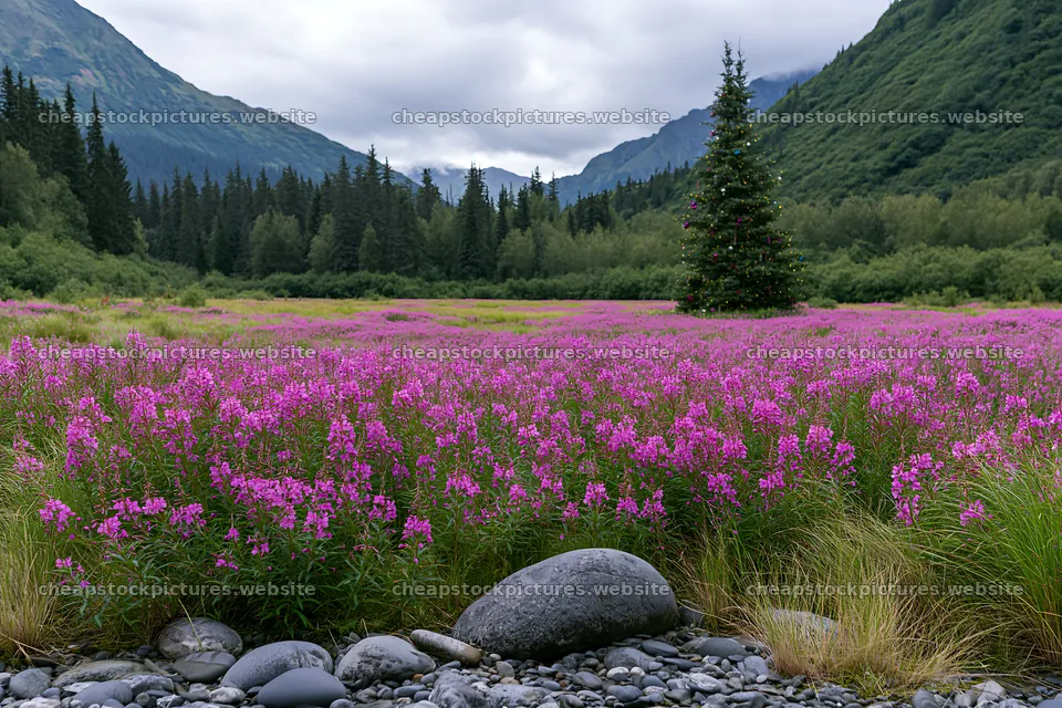 Wide Christmas meadow with native flowers and fairy lights – stock pictures 9722x6480