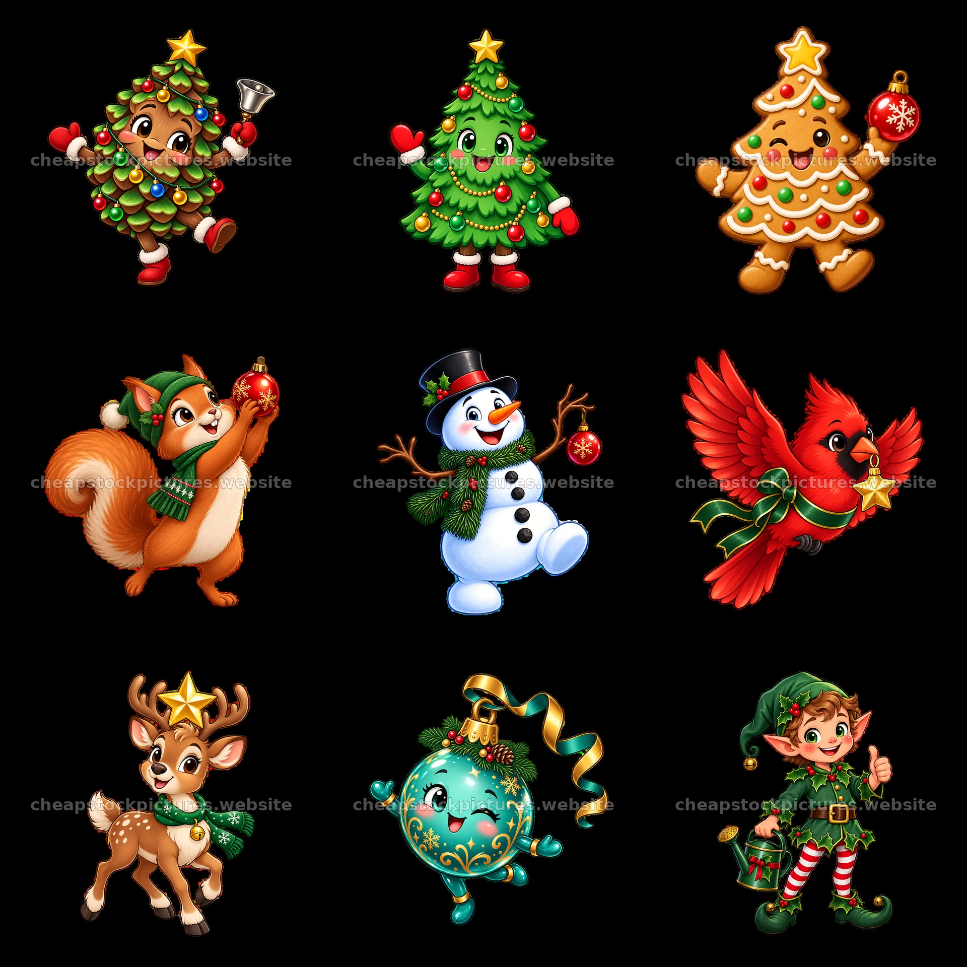 Christmas characters and decorations in festive layout – stock pictures 7746x7746