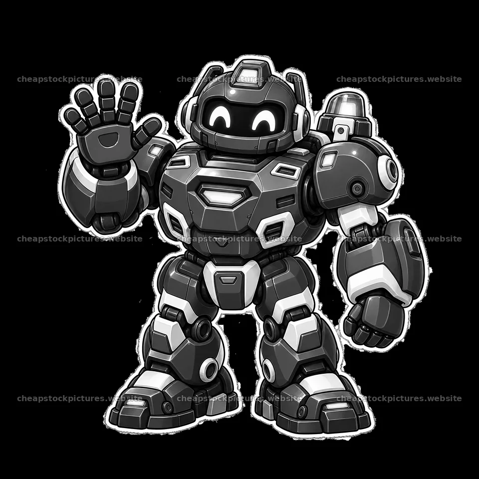 Friendly mech robot waving hand in monochrome design – stock pictures 7746x7746