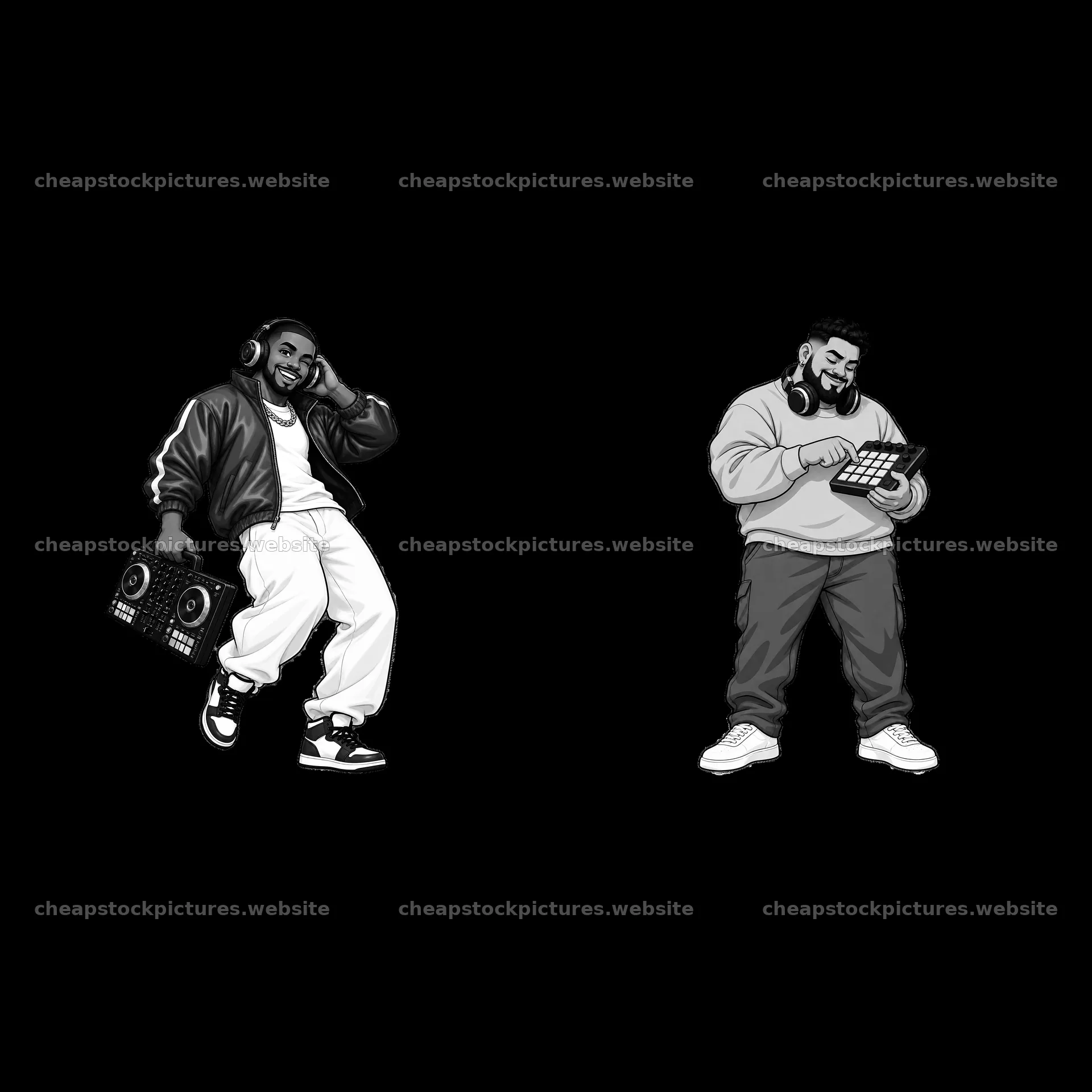 Hip-hop artists with a boombox and a tablet in black and white – stock pictures 7746x7746