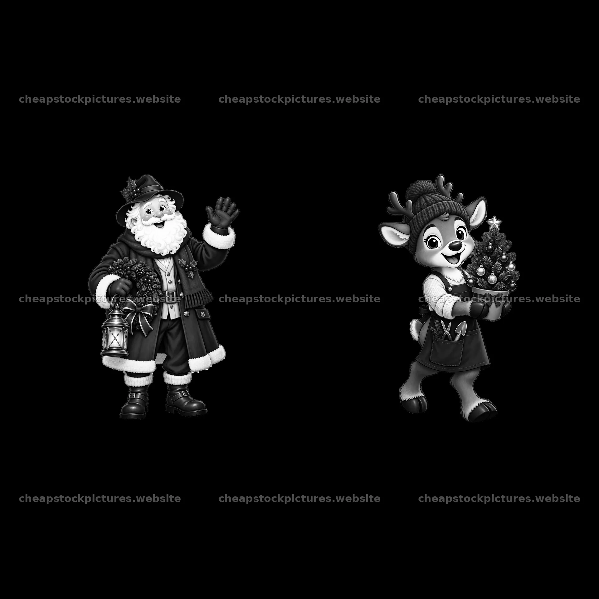 Santa and reindeer carrying Christmas decorations – stock pictures 7746x7746