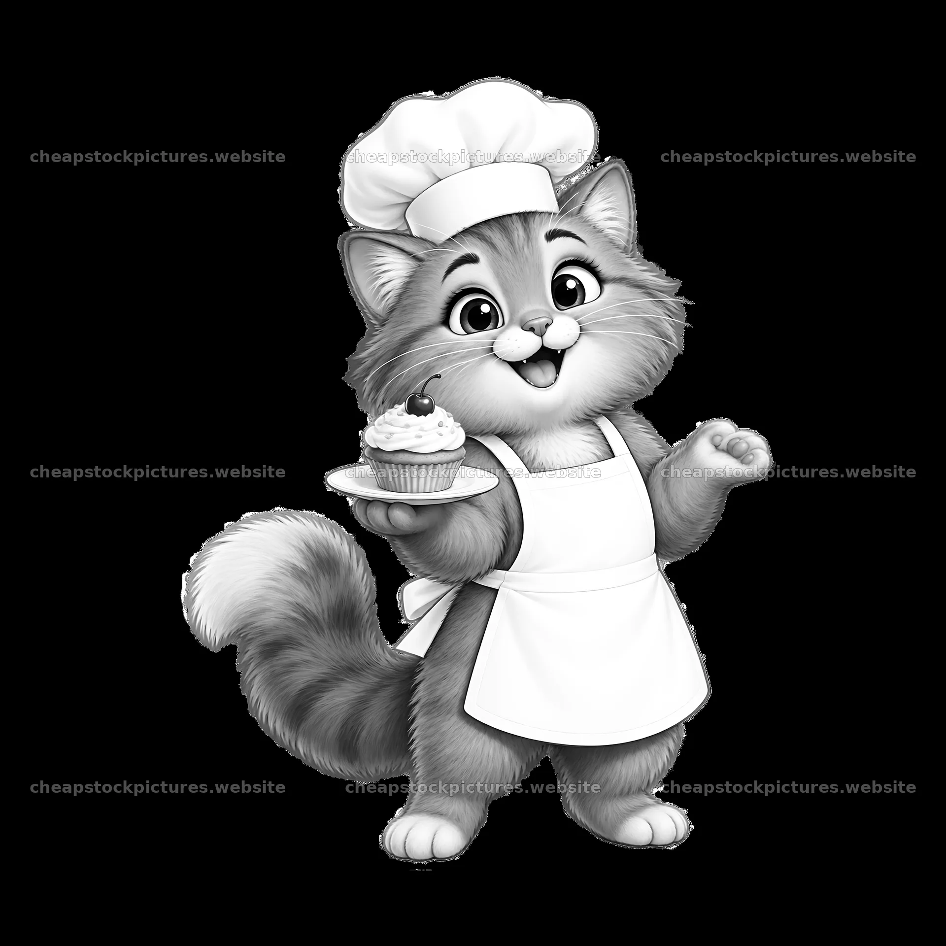 Cheerful cat chef holding cupcake on a plate – stock pictures 7746x7746