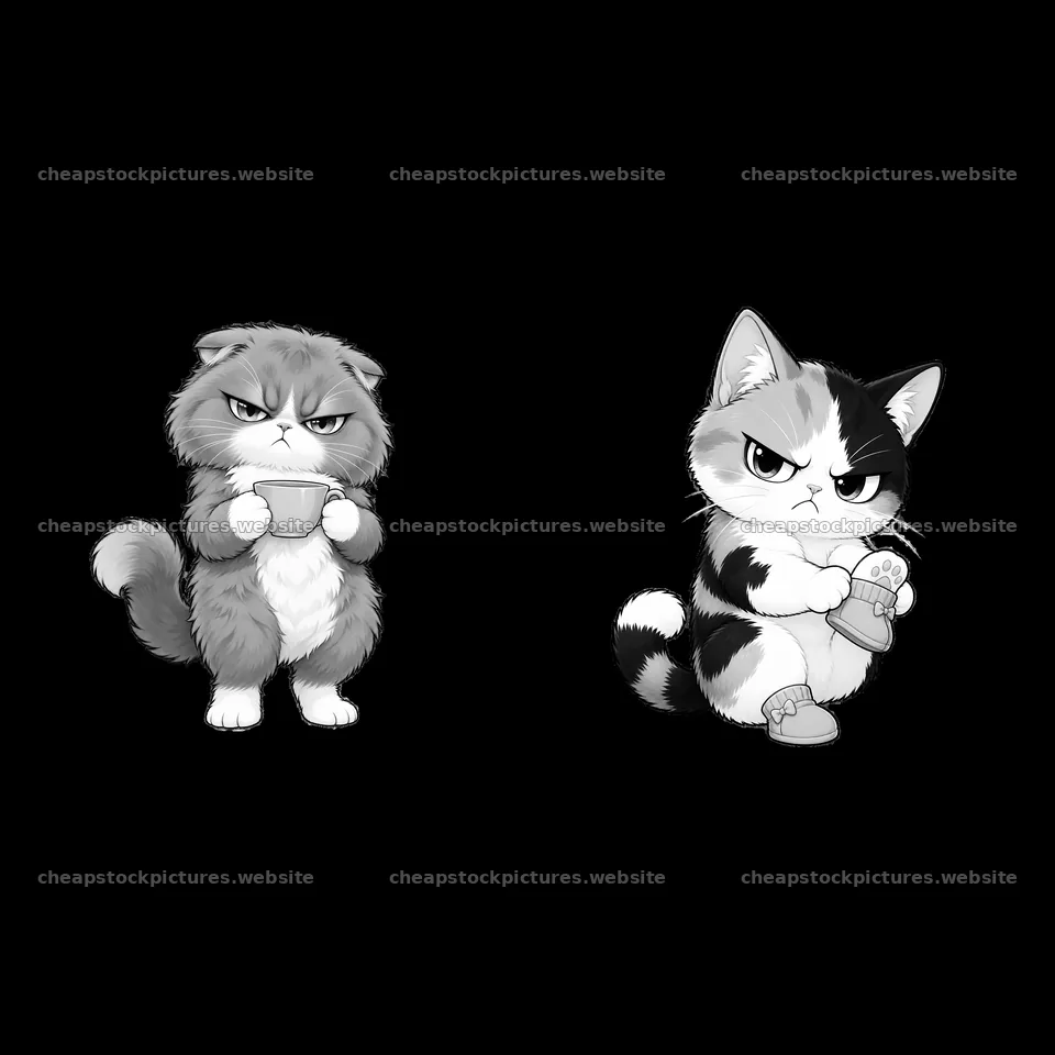 Kawaii grumpy cats holding cups and snacks in black and white – stock pictures 7746x7746