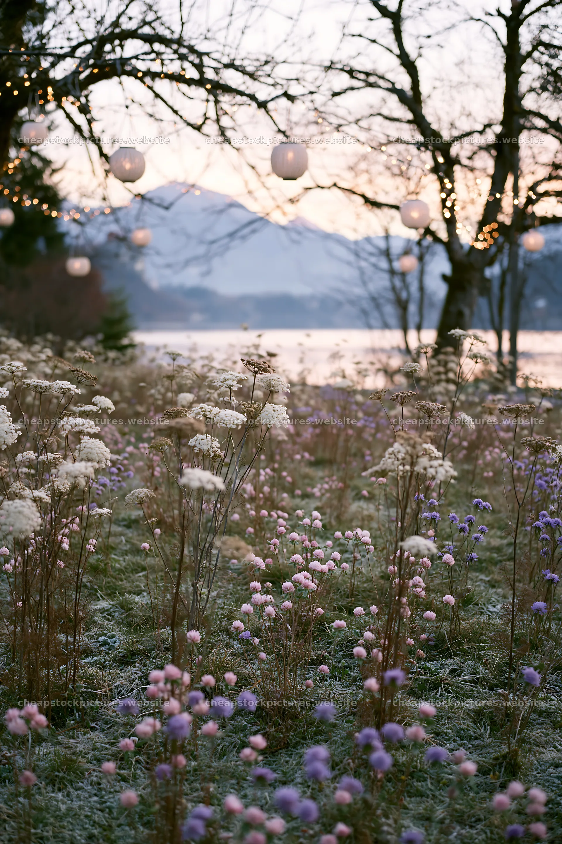 Christmas meadow with apple trees and lanterns at Lake Bled – stock pictures 6480x9722
