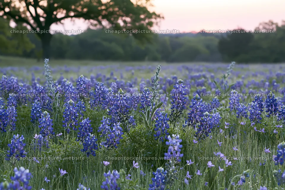 Bluebonnet meadow sunrise with clear skies and fresh blooms – stock pictures 9722x6480