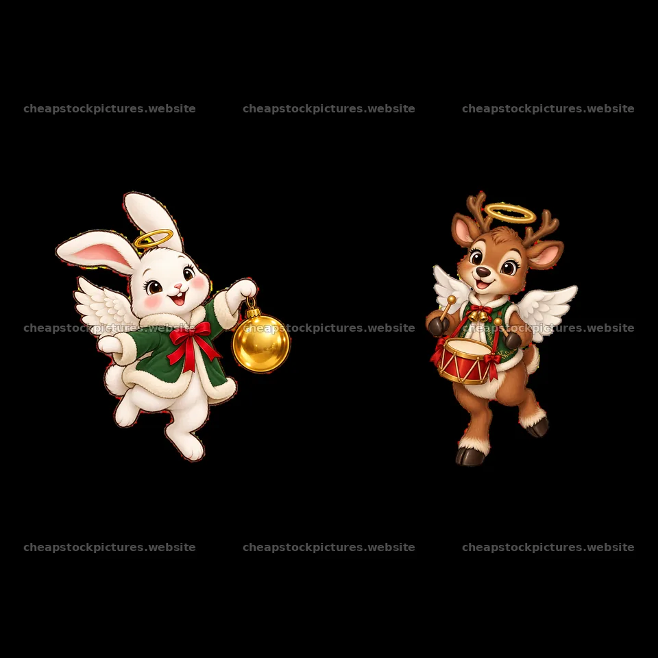 Christmas angel rabbit and reindeer carrying ornaments – stock pictures 7746x7746