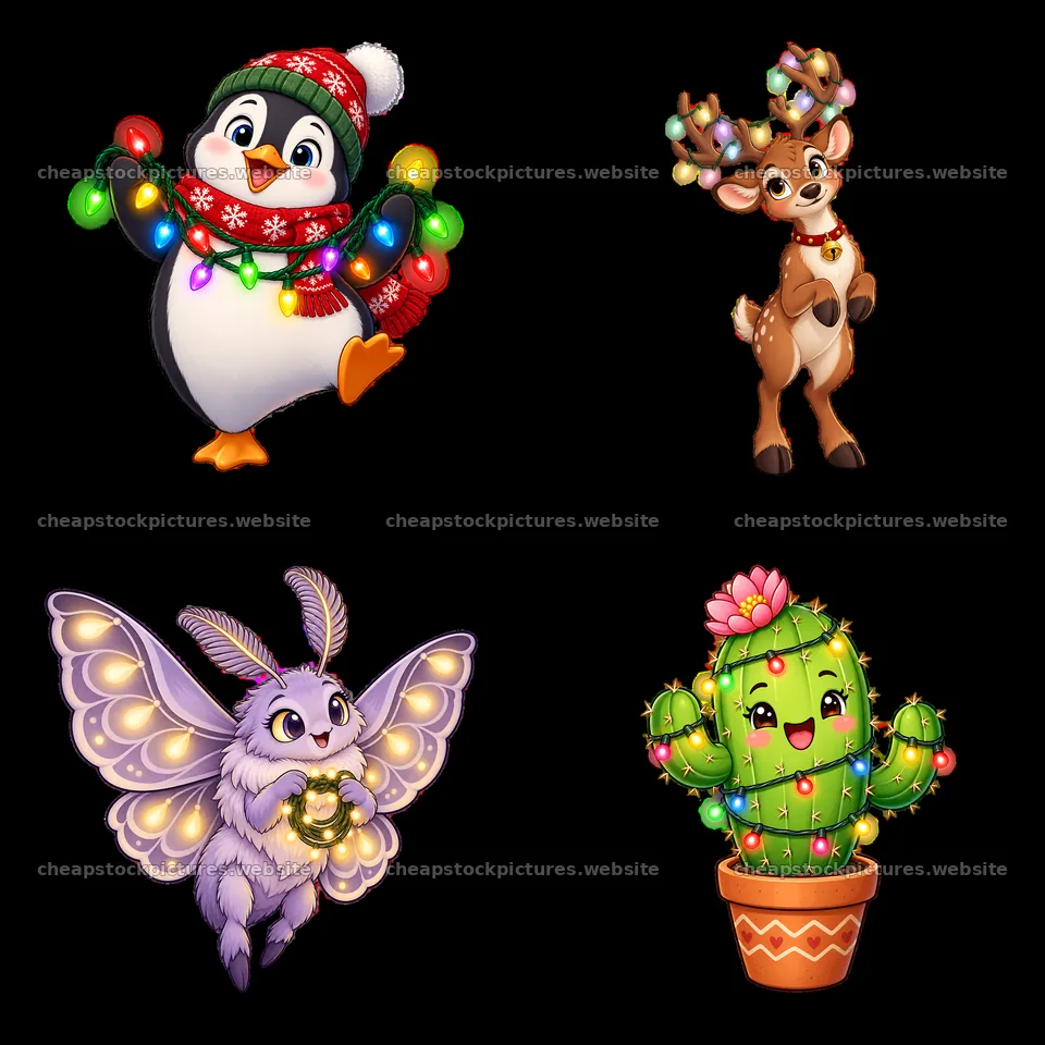 Colorful cartoon characters with string lights in a 2x2 layout – stock pictures 7746x7746