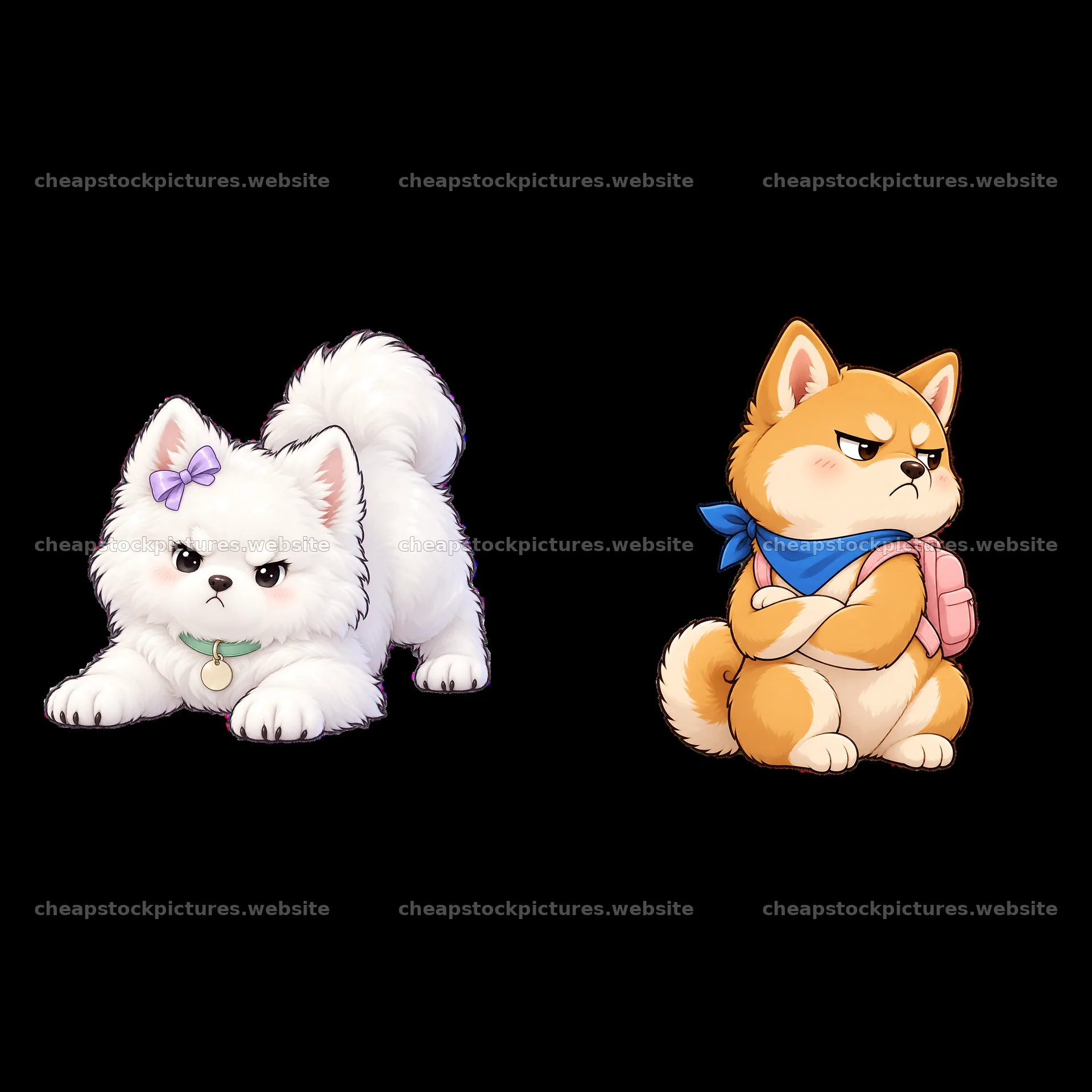 Kawaii grumpy dogs with expressions and accessories in a pair – stock pictures 7746x7746