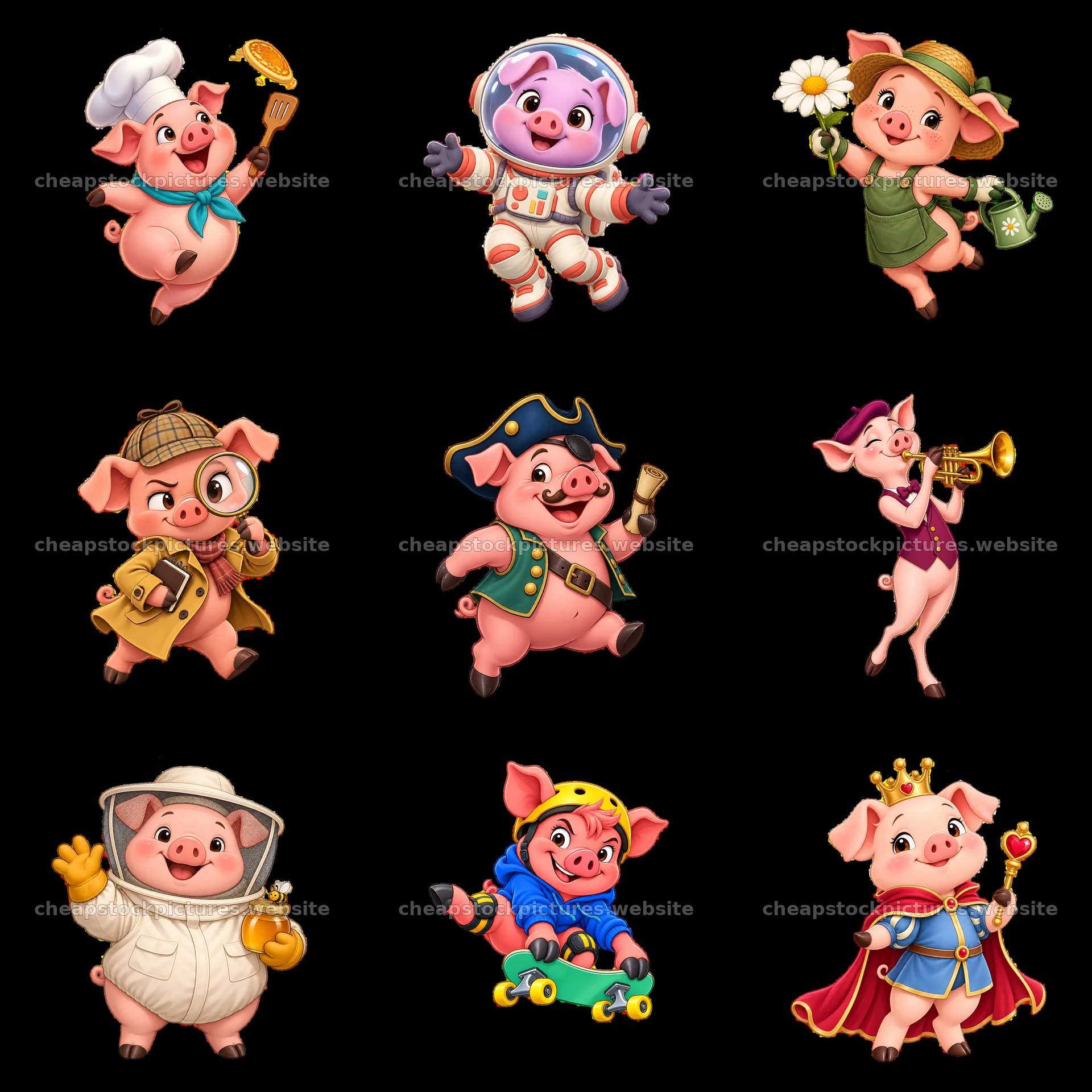 Pig characters in diverse costumes showcasing fun activities – stock pictures 7746x7746