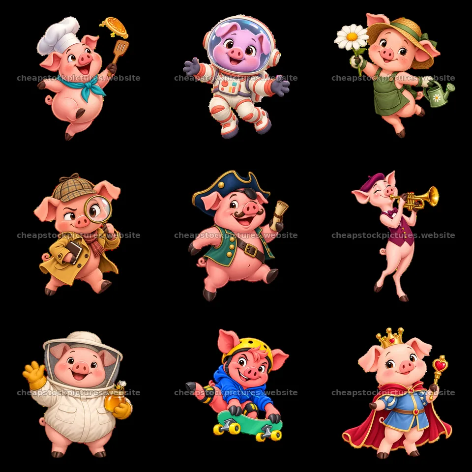 Pig characters in diverse costumes showcasing fun activities – stock pictures 7746x7746