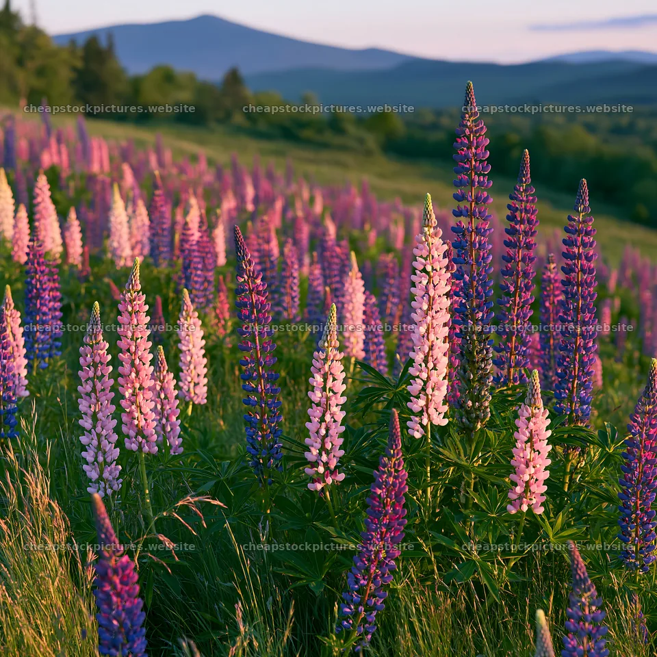 Colorful lupine meadow in a mountainous landscape during sunset – stock pictures 7938x7938
