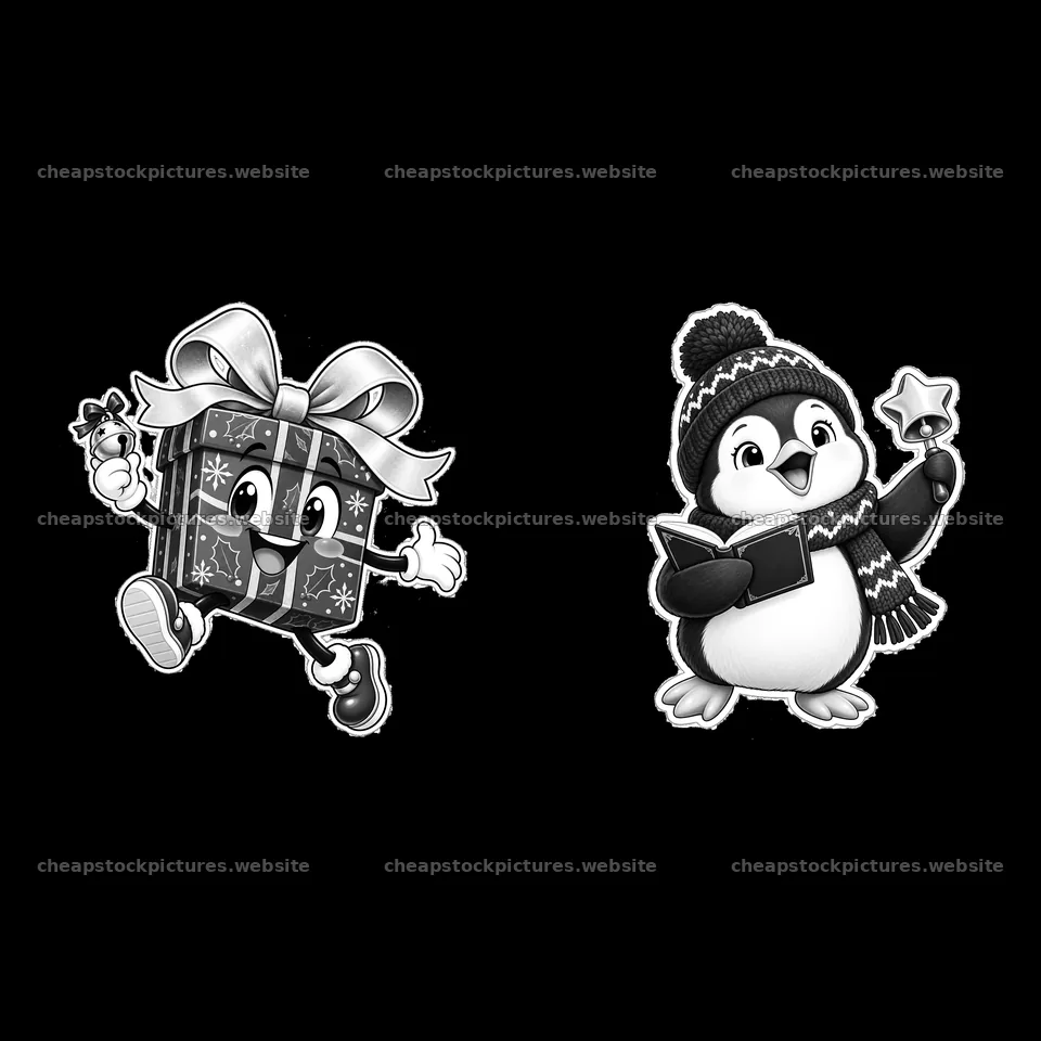 Gift box and penguin singing in Christmas celebration – stock pictures 7746x7746