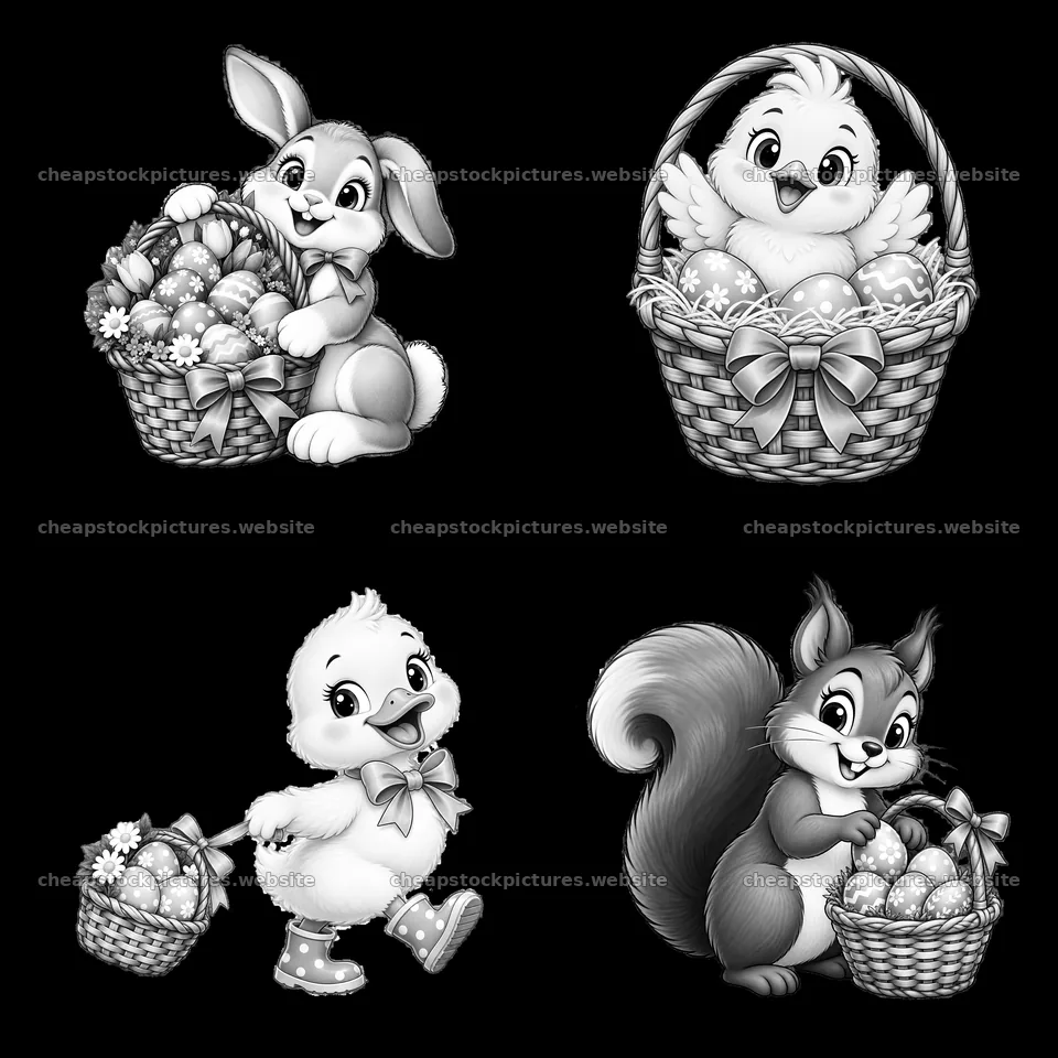 Cartoon animals with Easter baskets in monochrome design – stock pictures 7746x7746