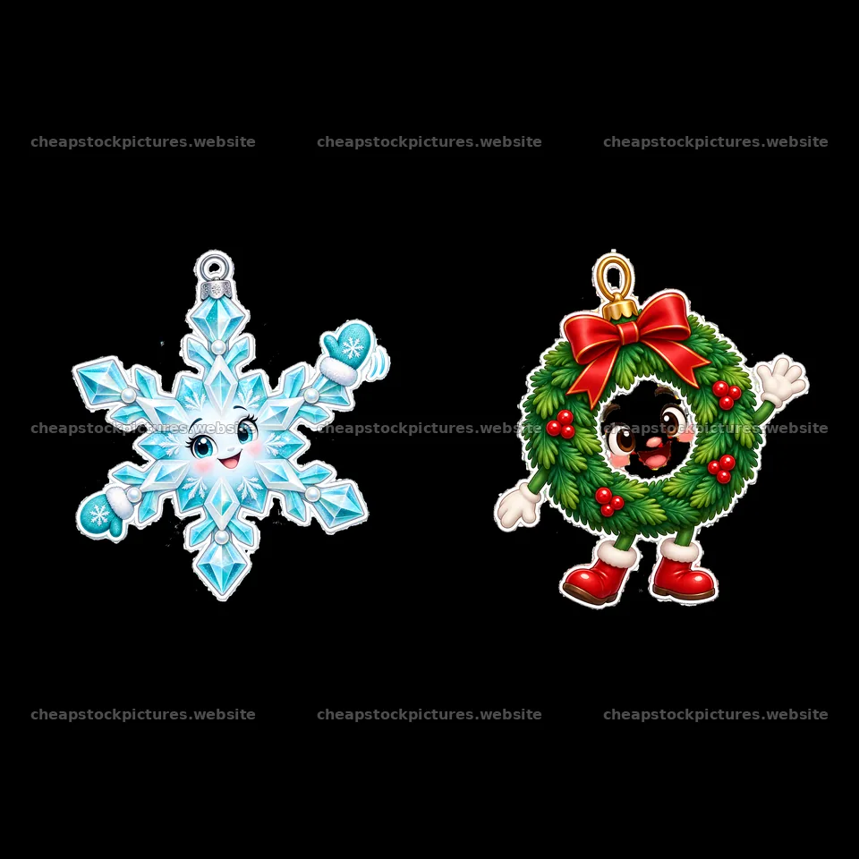 Snowflake ornament and cheerful wreath character sticker set – stock pictures 7746x7746