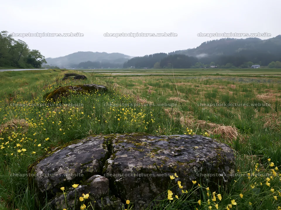 Miyagi spring recovery meadow mossy stone in rural landscape – stock pictures 9174x6866