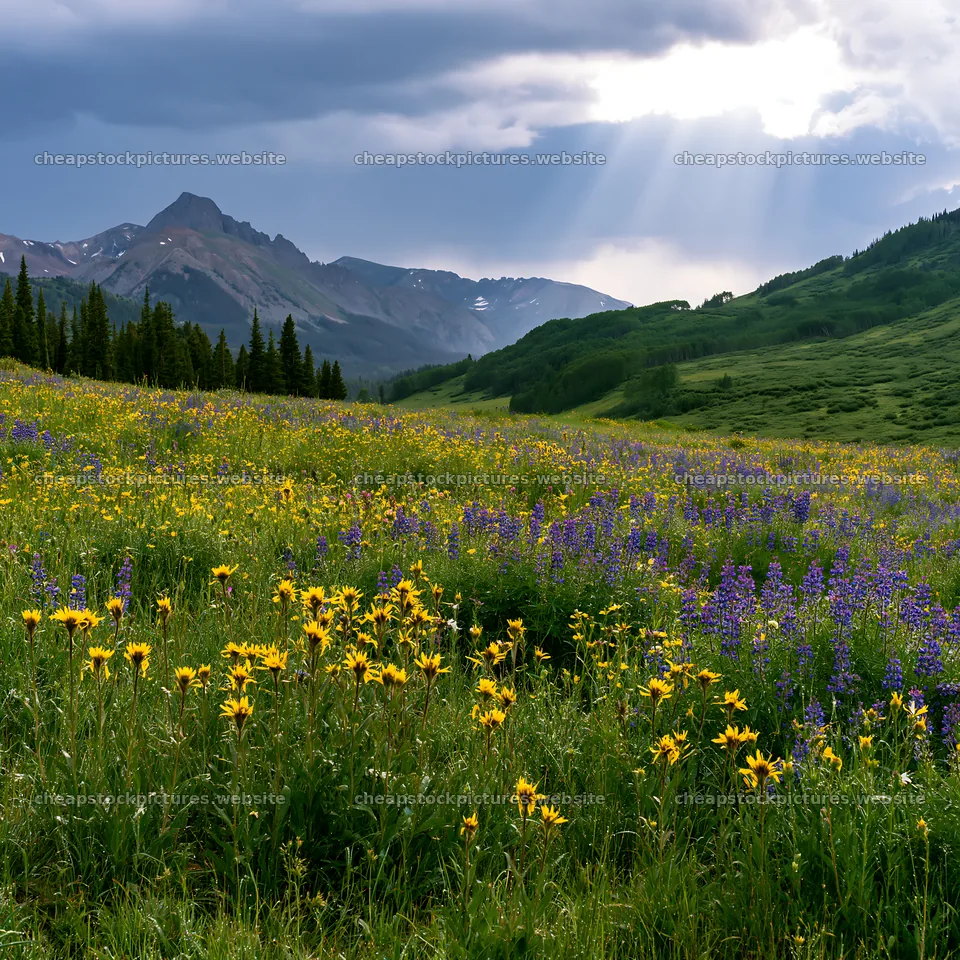 Vibrant rainwashed meadow with wildflowers and mountains nearby – stock pictures 7938x7938