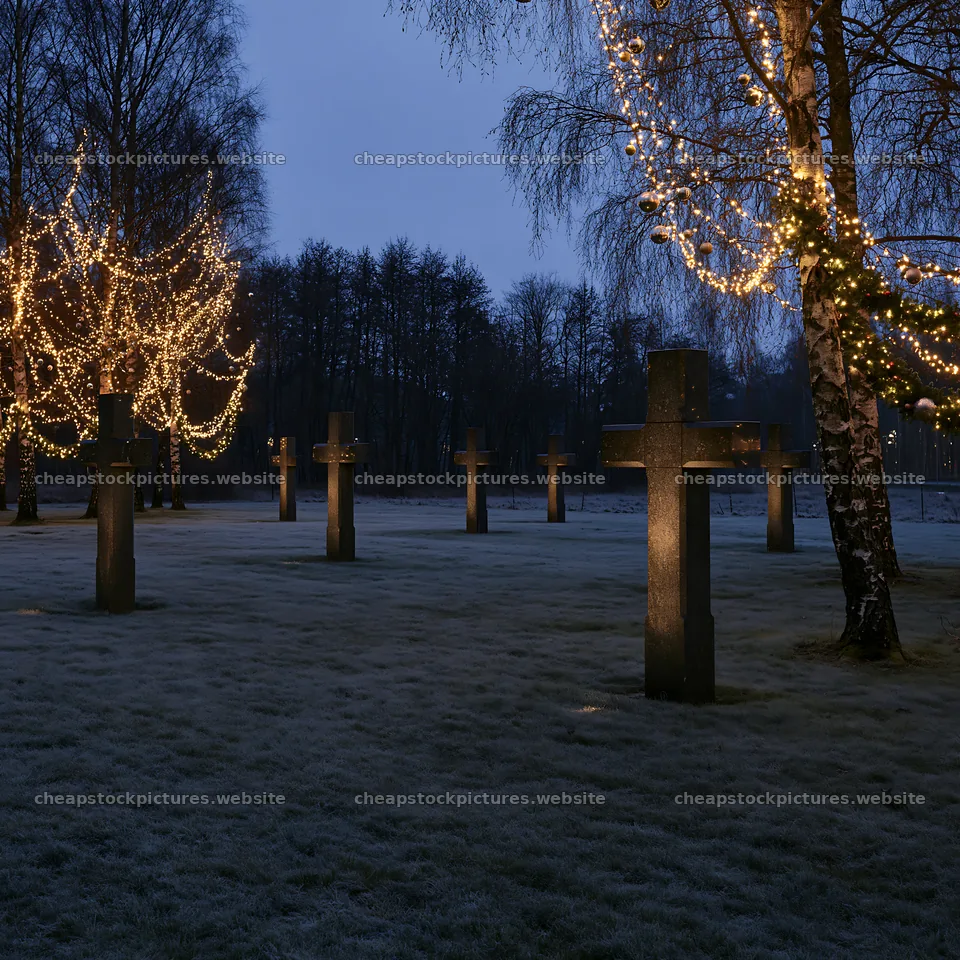 Row of stone crosses in frosted meadow at dusk – stock pictures 7938x7938