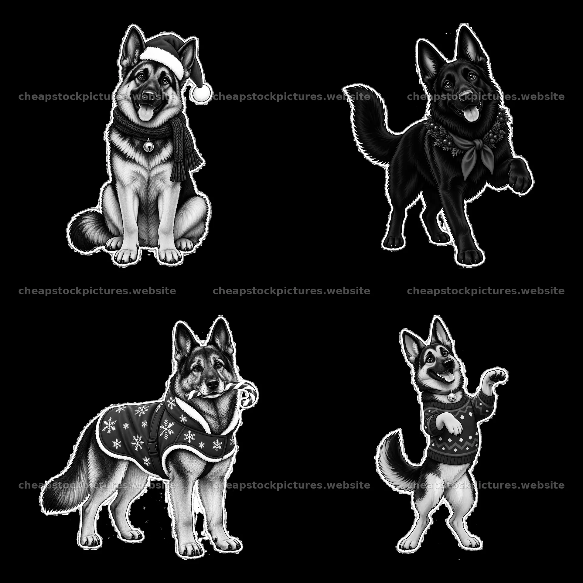 Christmas German Shepherd sticker set in black and white – stock pictures 7746x7746