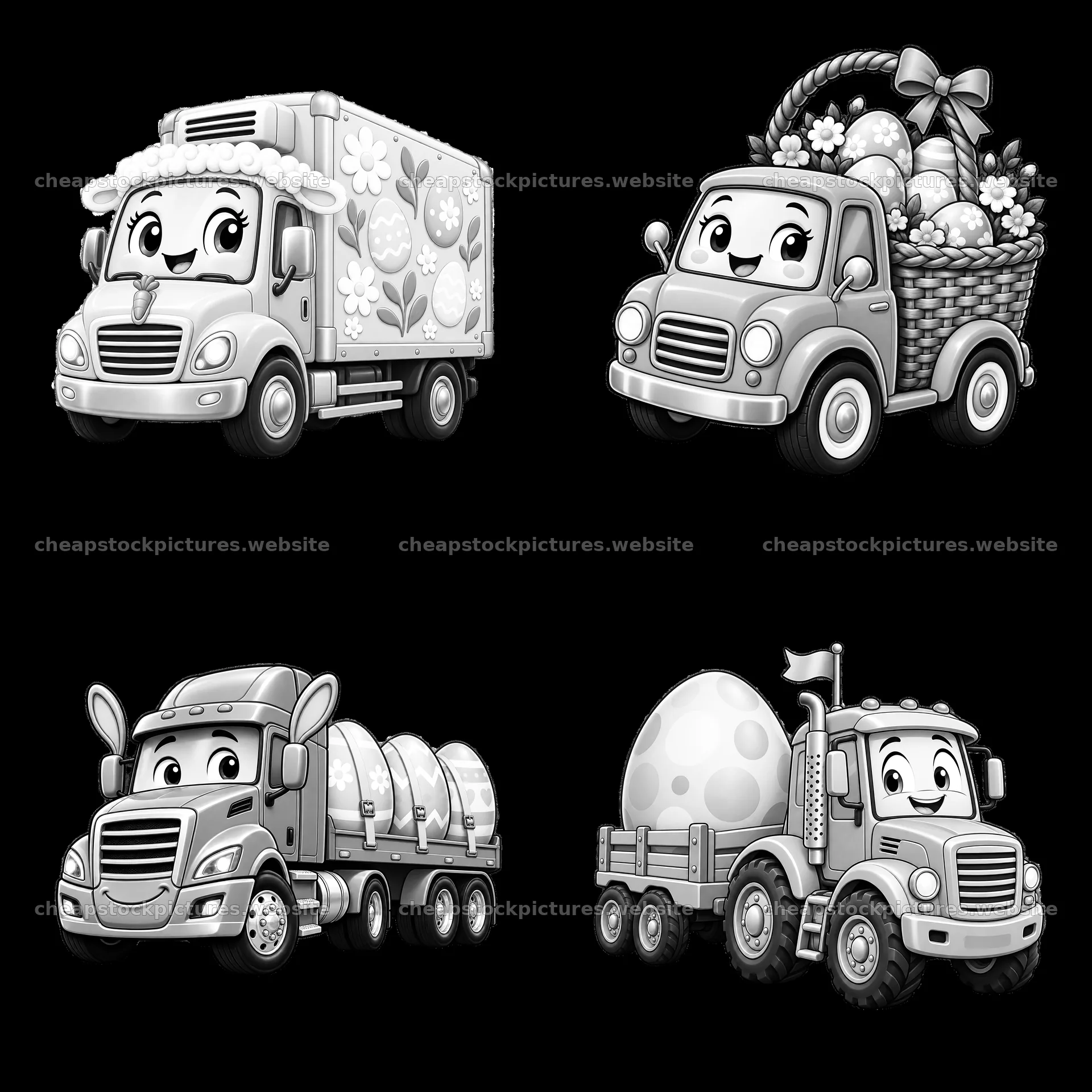 Easter truck with eggs and cute vehicles in monochrome design – stock pictures 7746x7746