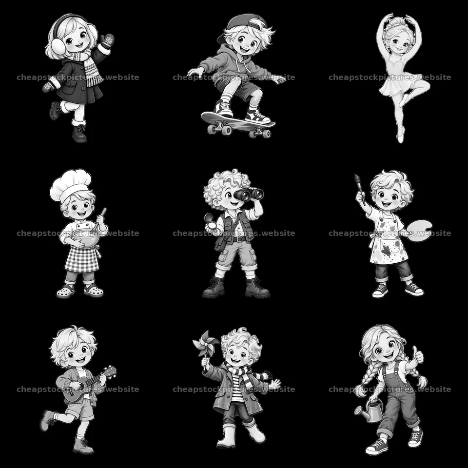 Blond child characters engaging in various activities in grid – stock pictures 7746x7746