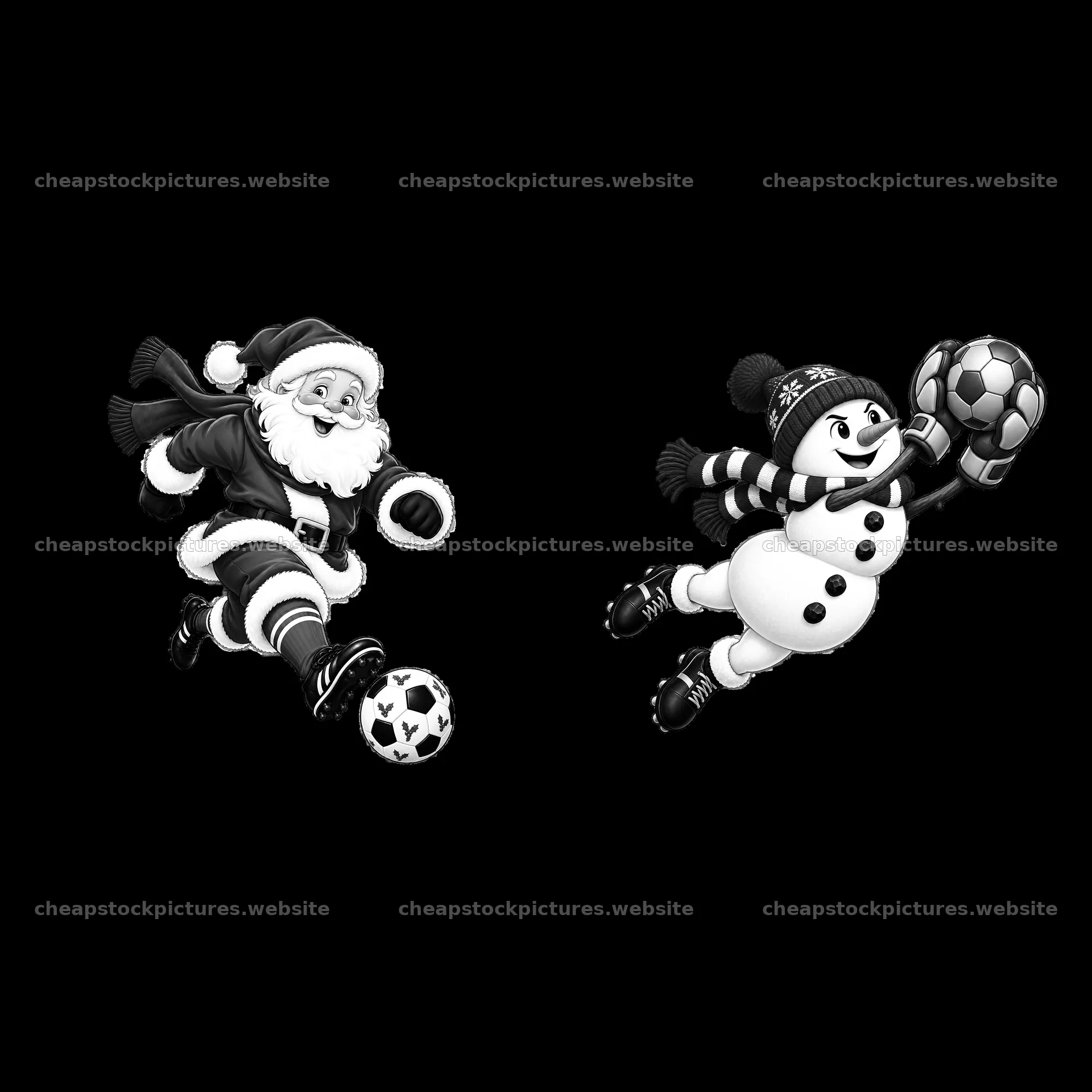 Santa kicks a soccer ball while a snowman makes a save – stock pictures 7746x7746