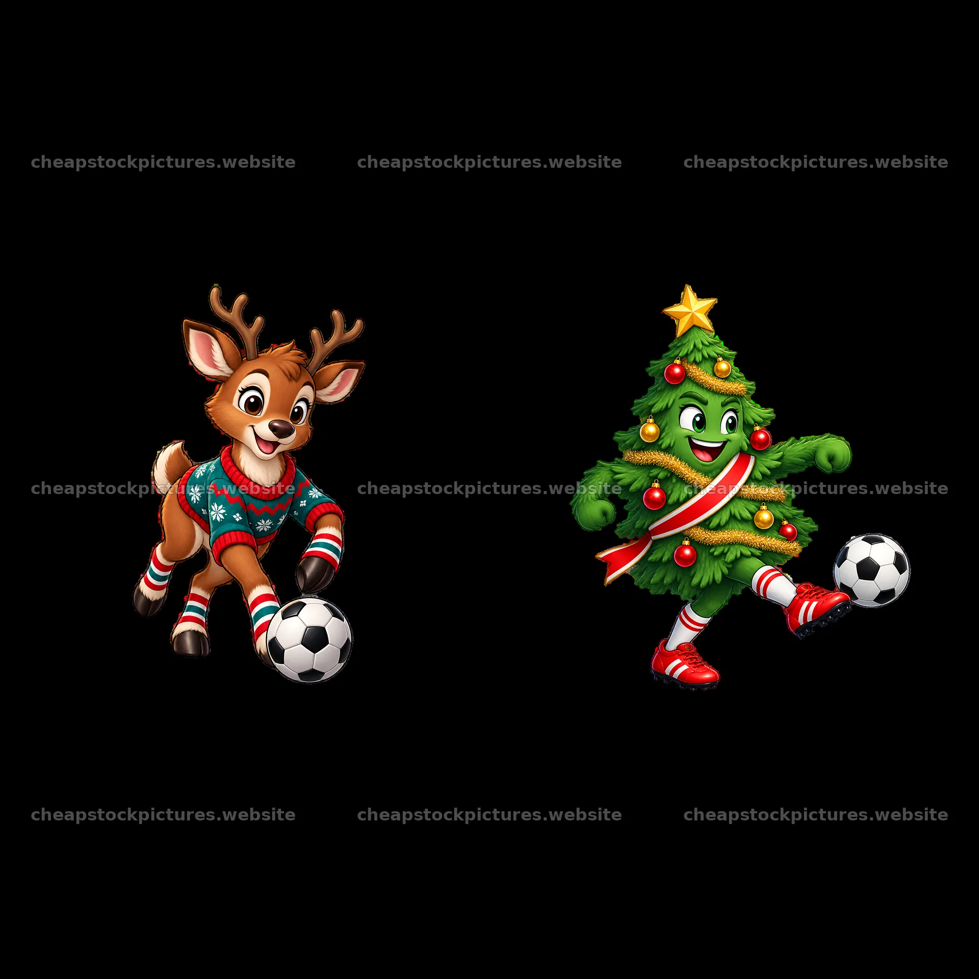 Reindeer and Christmas tree kicking a soccer ball – stock pictures 7746x7746