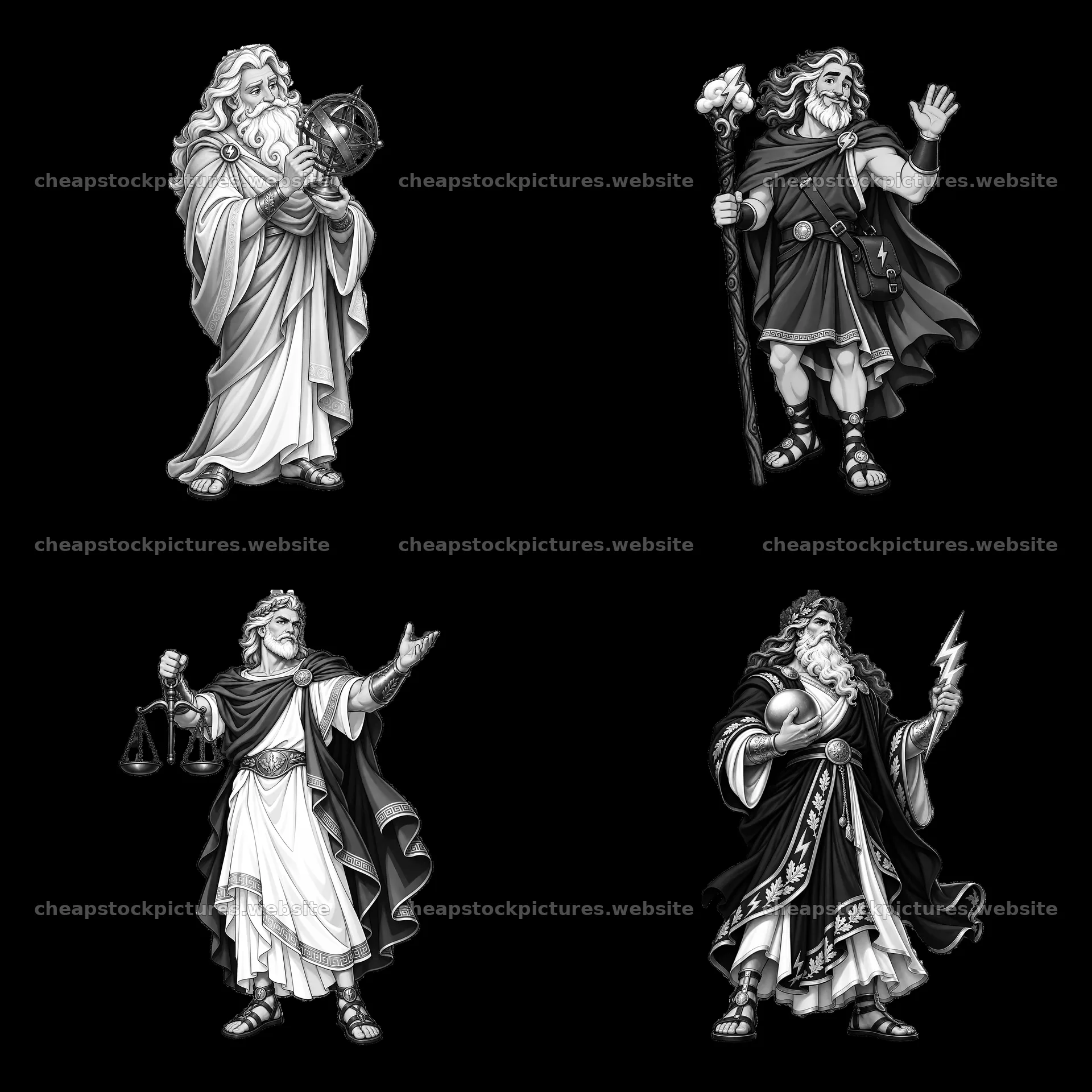 Zeus in four poses holding symbols of power and justice – stock pictures 7746x7746