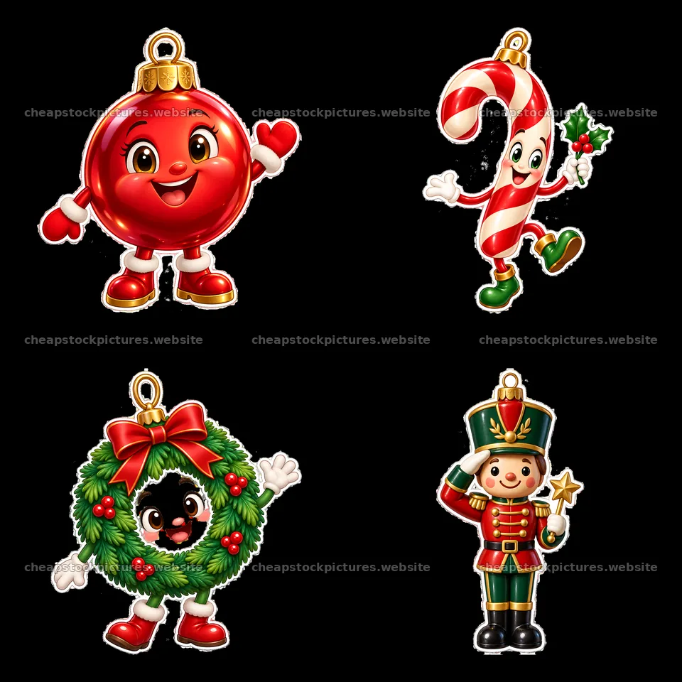 Colorful Christmas ornaments featuring characters and festive themes – stock pictures 7746x7746
