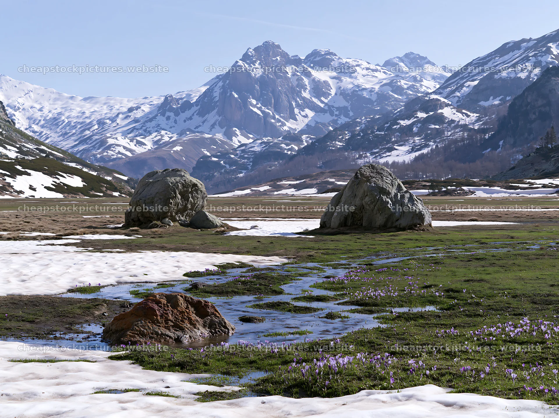 Mountain pass meadow with rocks and snow – stock pictures 9174x6866