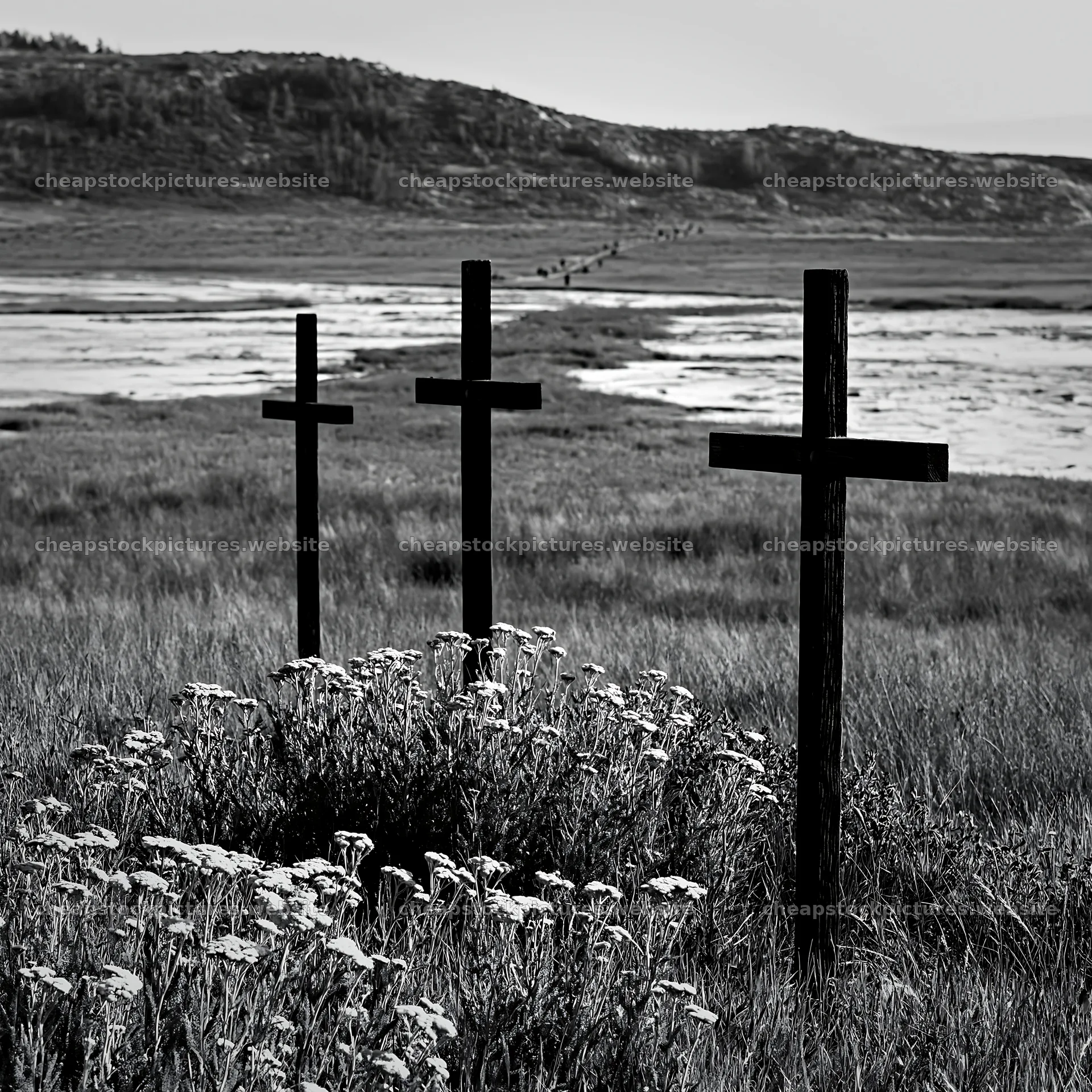 Christian crosses beside mineral spring meadow – stock pictures 7938x7938