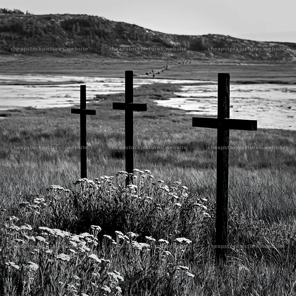 Christian crosses beside mineral spring meadow – stock pictures 7938x7938
