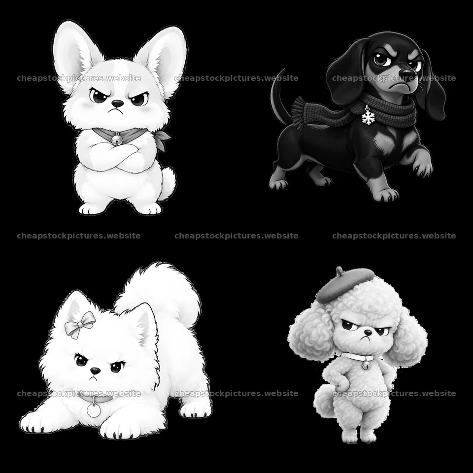 Kawaii grumpy dogs in monochrome cartoon sticker collection – stock pictures 7746x7746