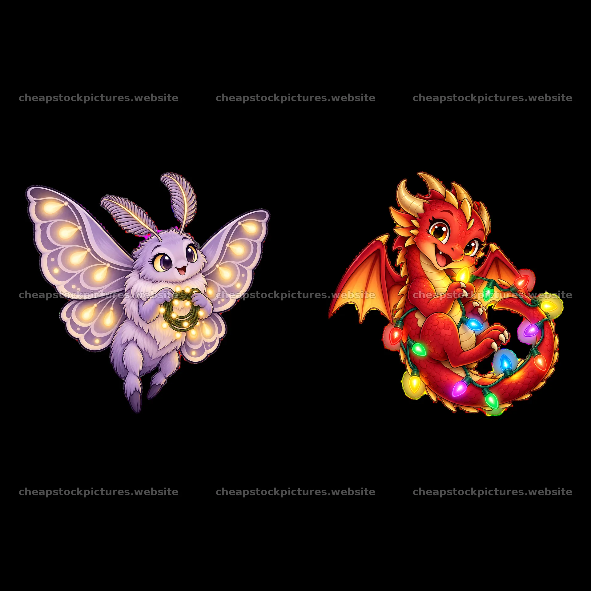Cute bunny and dragon holding string lights in a colorful design – stock pictures 7746x7746