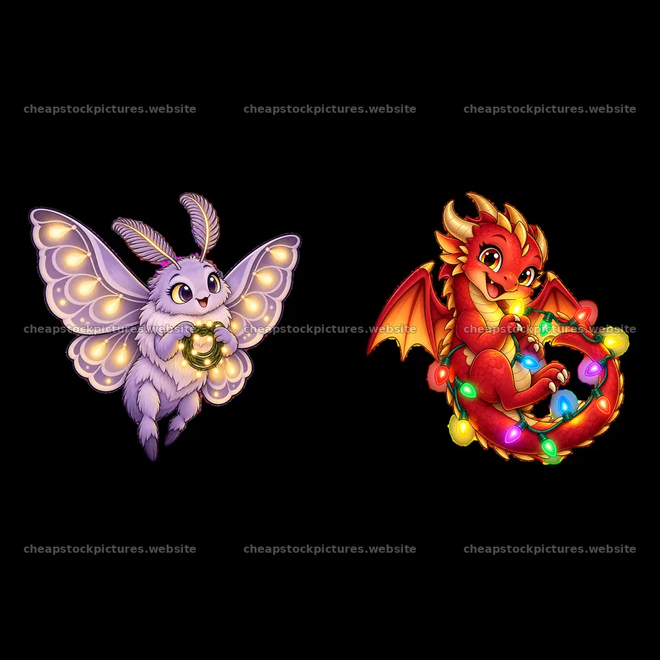 Cute bunny and dragon holding string lights in a colorful design – stock pictures 7746x7746