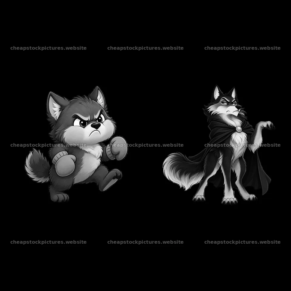 Grumpy wolf character stickers in action and pose – stock pictures 7746x7746