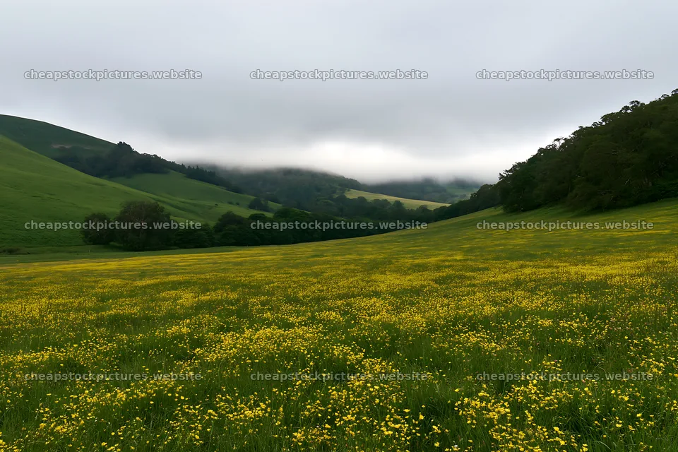 Buttercup meadow with rolling hills and cloudy skies – stock pictures 9722x6480