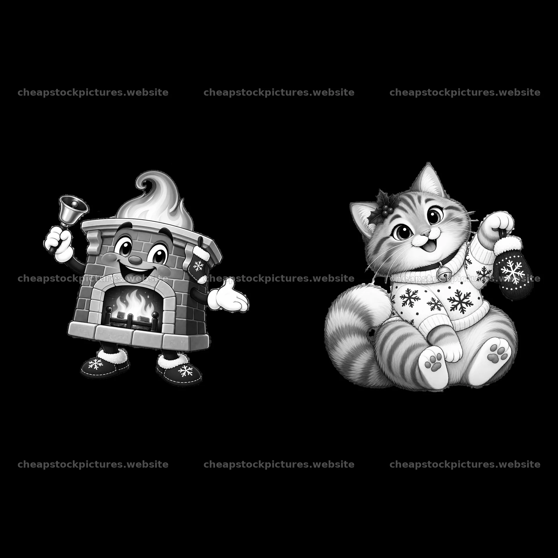 Christmas fireplace character and cat in winter attire – stock pictures 7746x7746