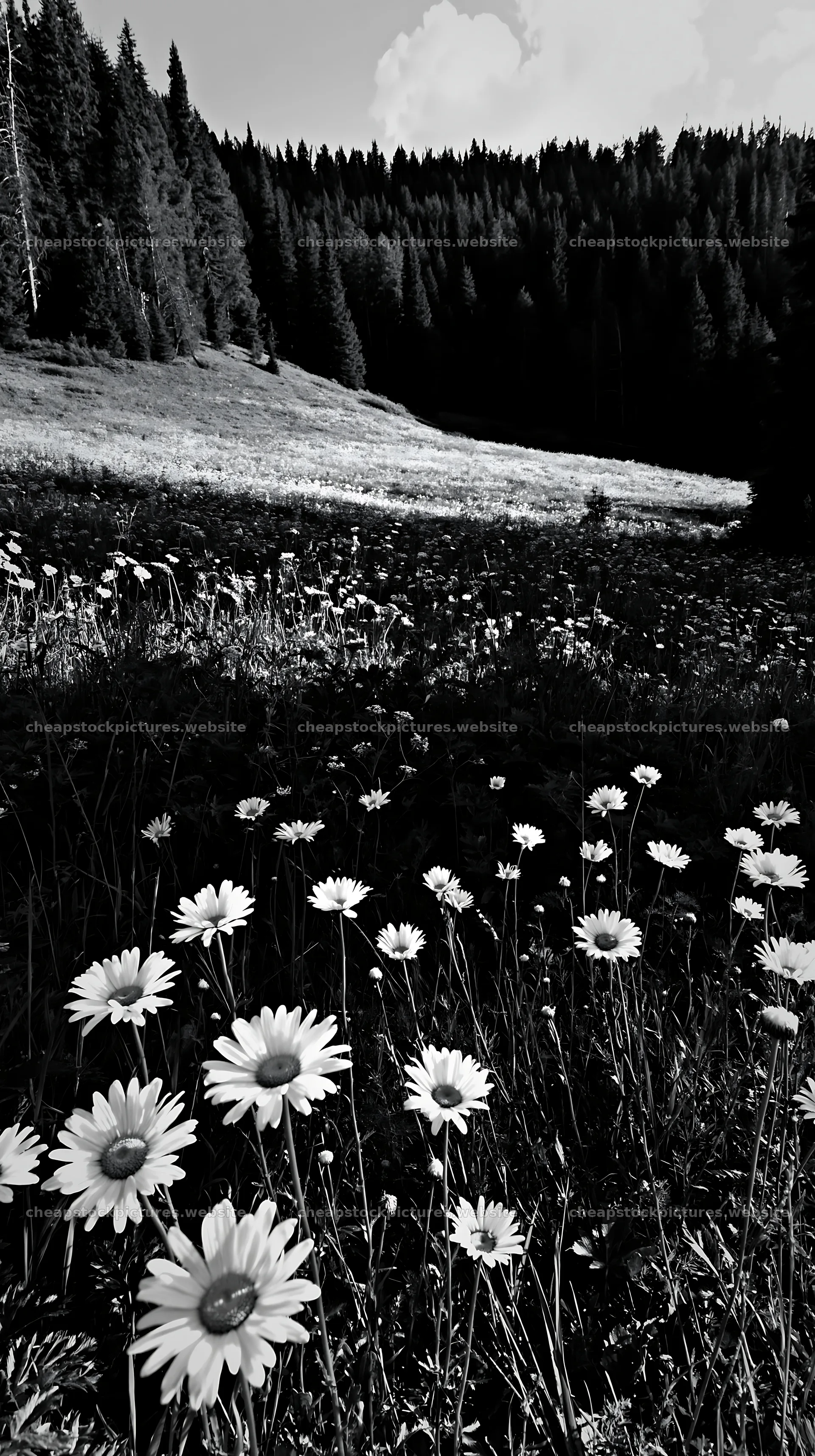 Wooded valley meadow with wildflowers in black and white – stock pictures 5938x10608