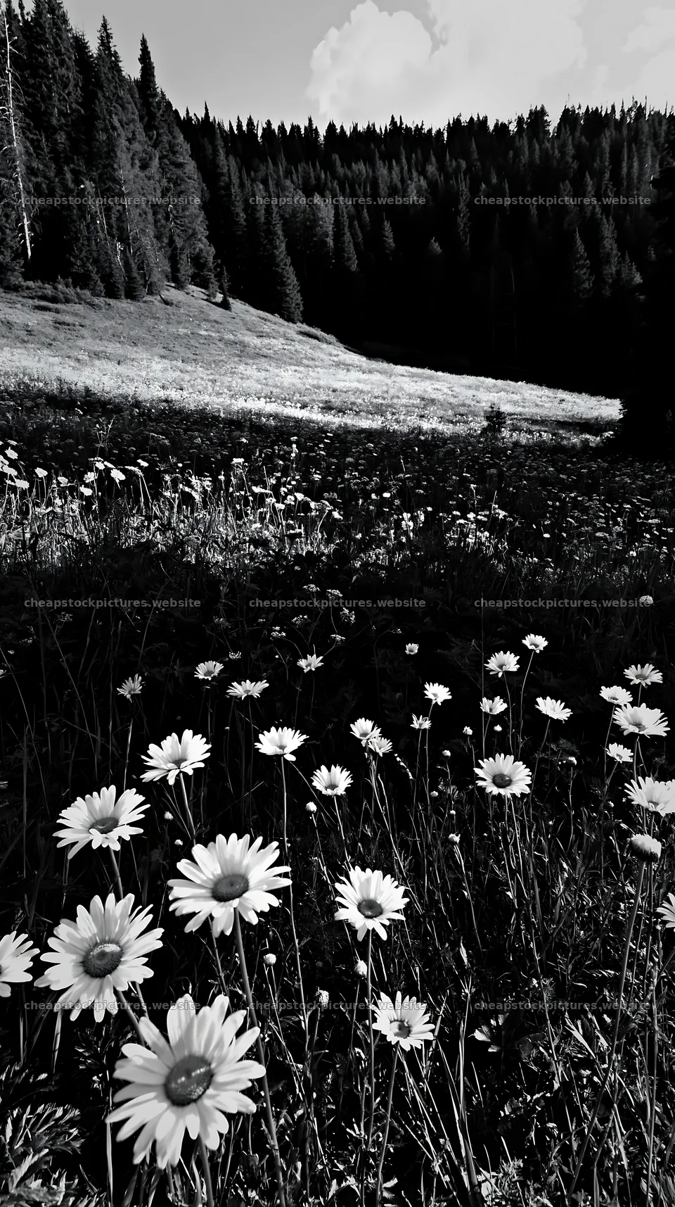 Wooded valley meadow with wildflowers in black and white – stock pictures 5938x10608