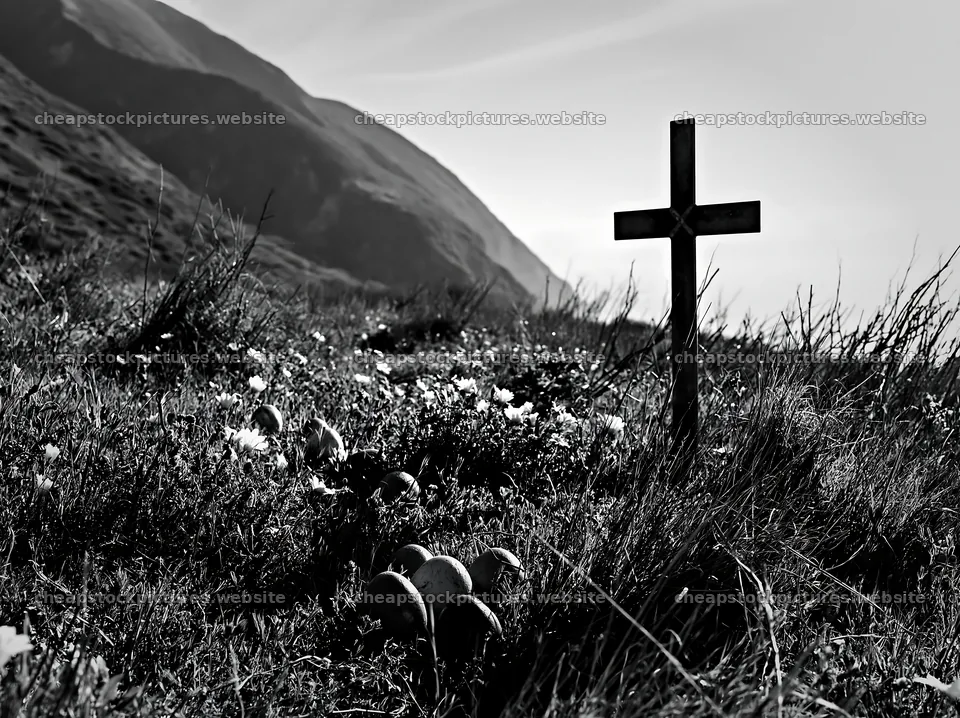 Christian cross in meadow with hills and flowers – stock pictures 9174x6866