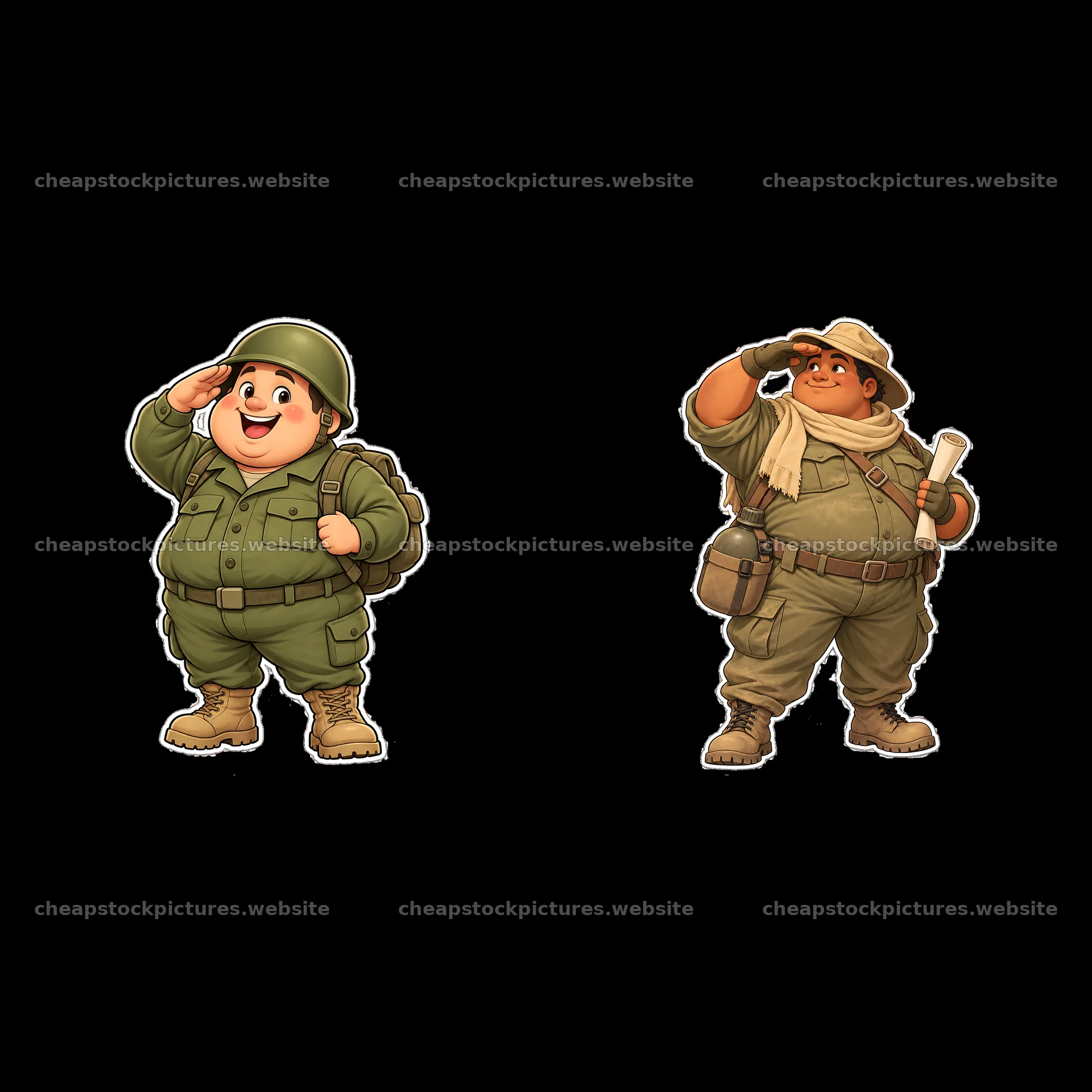Ultra-chubby soldier pair giving a salute with military gear – stock pictures 7746x7746