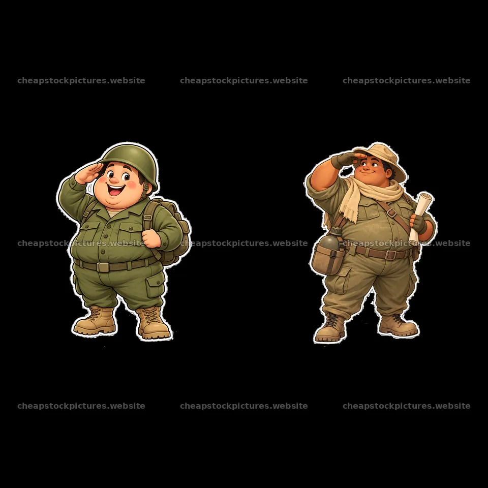 Ultra-chubby soldier pair giving a salute with military gear – stock pictures 7746x7746