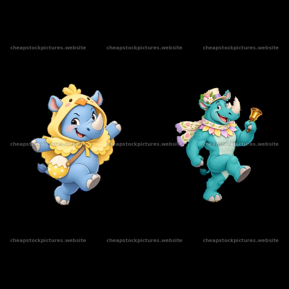 Easter rhinoceros characters celebrating with costumes and – stock pictures 7746x7746