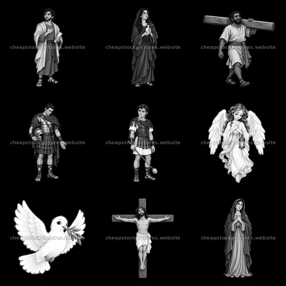 Jesus on the cross with figures including angels and soldiers – stock pictures 7746x7746