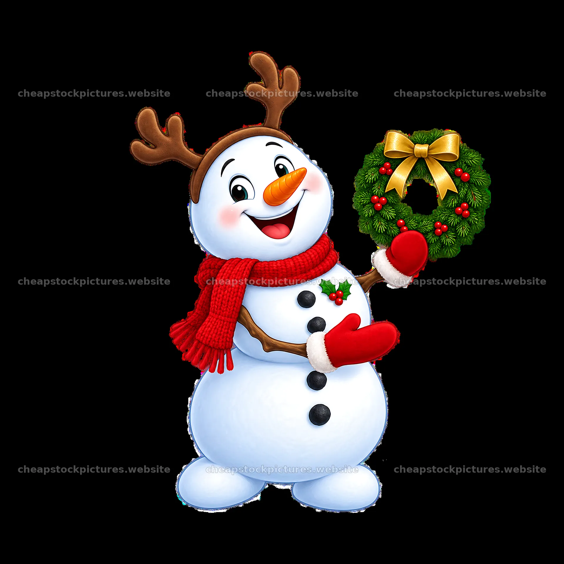 Cartoon snowman holding a Christmas wreath with antlers and scarf – stock pictures 7746x7746