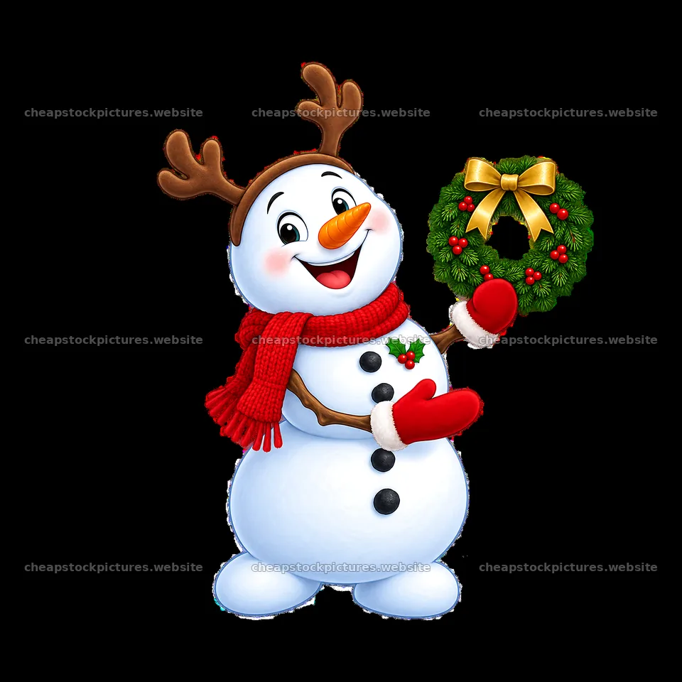Cartoon snowman holding a Christmas wreath with antlers and scarf – stock pictures 7746x7746
