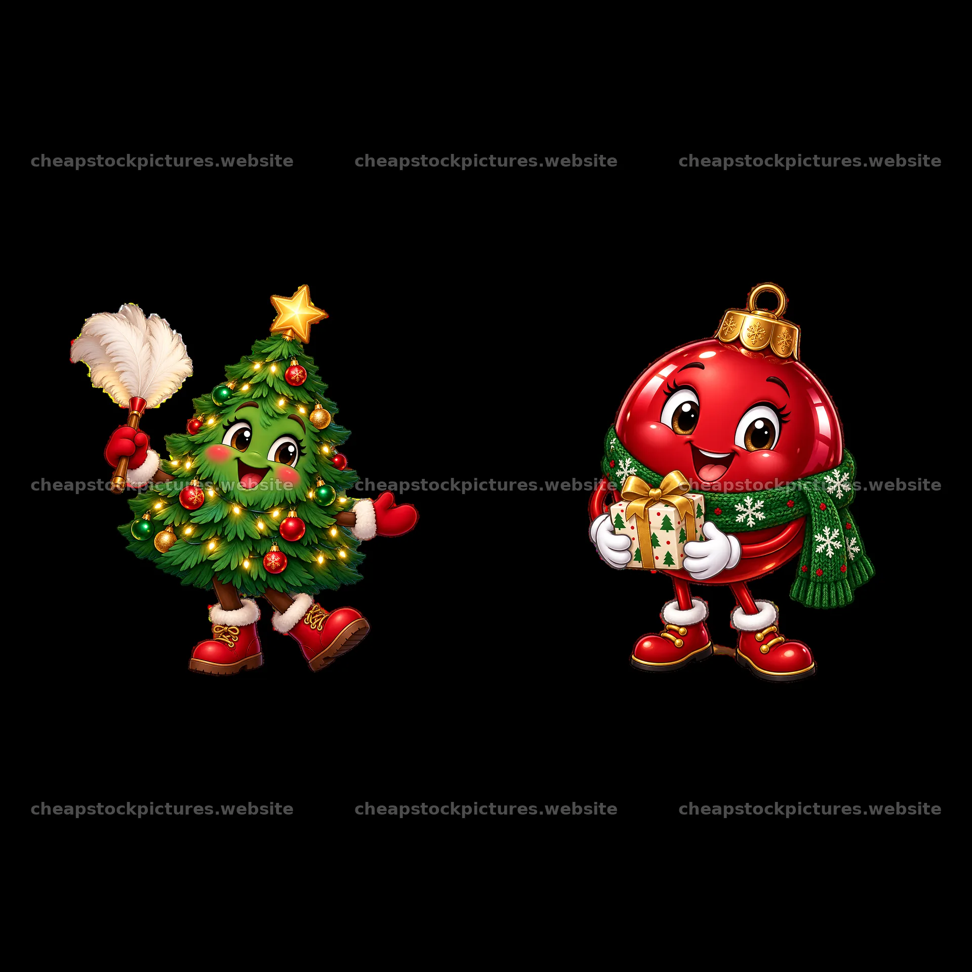 Christmas tree and ornament characters with gifts and decorations – stock pictures 7746x7746
